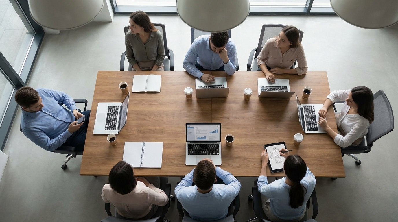 Overhead conference room view — disengaged meeting, laptops open, notebooks blank