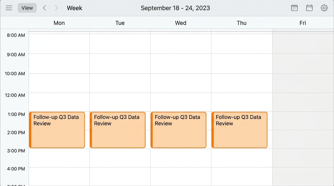 Calendar week view with four 'Follow-up: Q3 Data Review' meetings blocked Mon through Thu